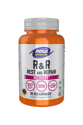 NOW Sports R&R Rest and Repair supplement bottle with 90 veg capsules for recovery and restful sleep.